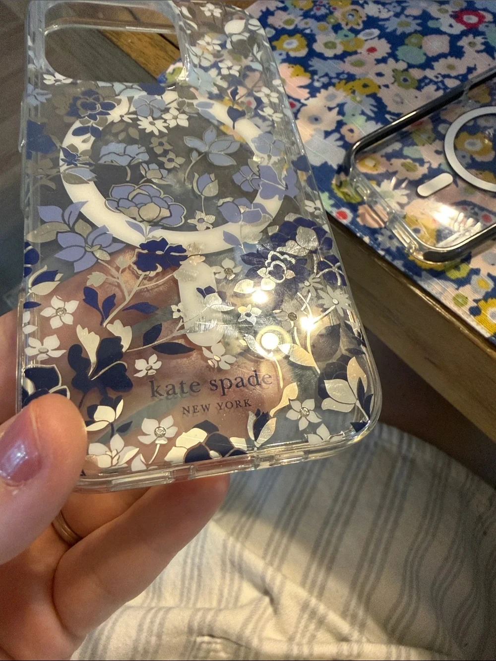 kate spade Clear Floral iPhone Case with Blue and Gold Flowers